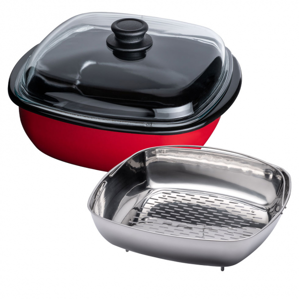 Steamer 3 pcs. with glass lid and cooking insert, Color Red